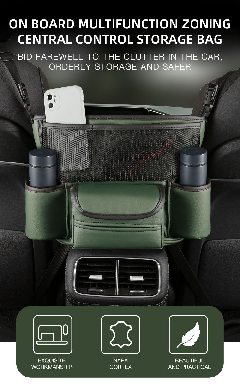 Nappa Leather Car Center Console Storage Bag