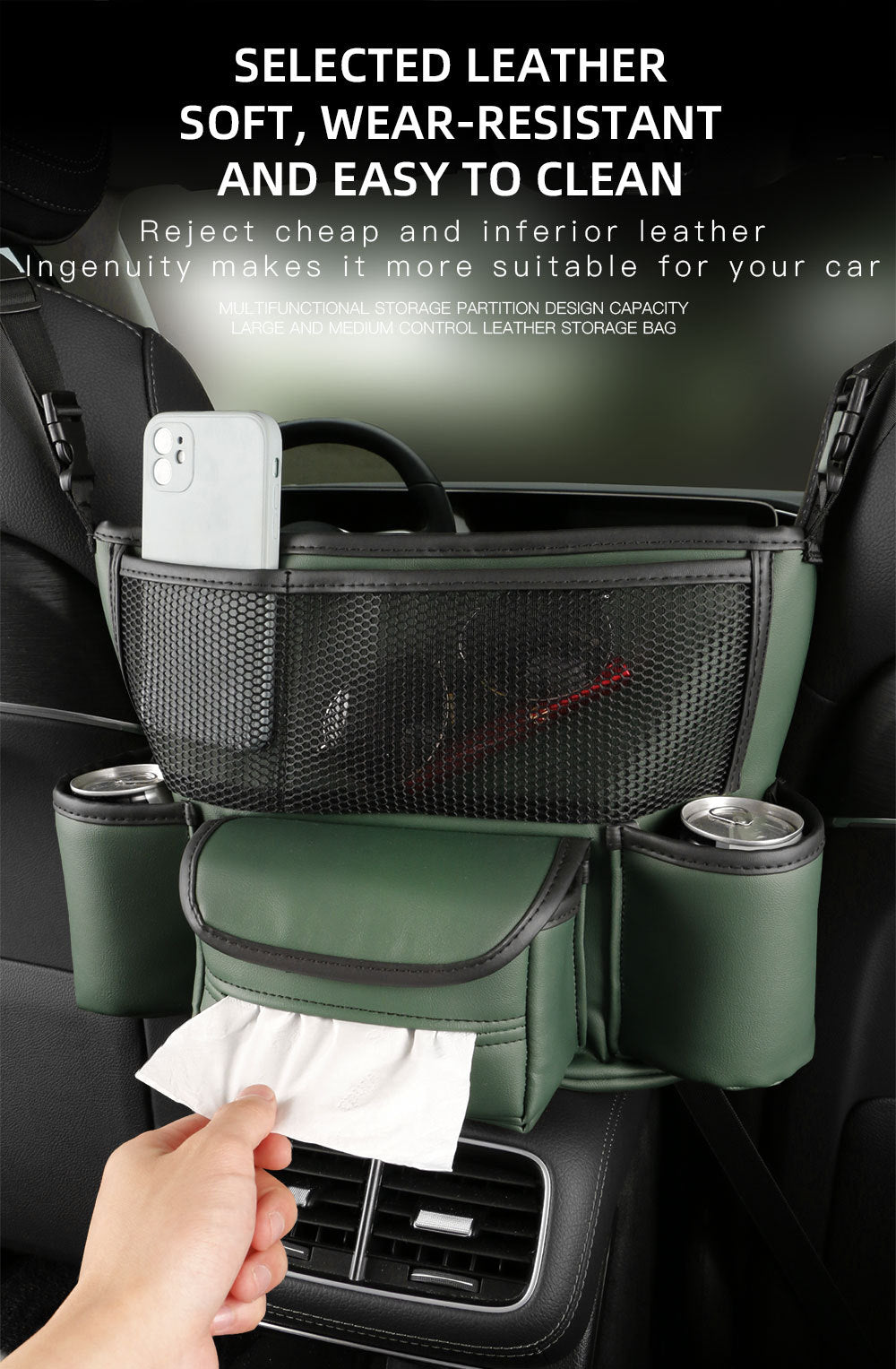 Nappa Leather Car Center Console Storage Bag