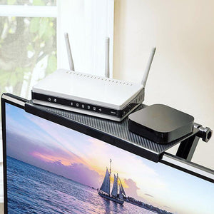 Adjustable upper shelf for TV monitor